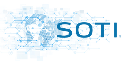 SOTI лого върху мрежово свързани континентите