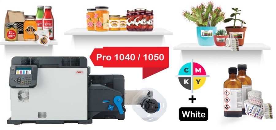 Разнообразие от цветни етикети с бял тонер върху различни медии, материали и повърхности, разпечатани с цветни етикетни принтери от Pro серията на OKI