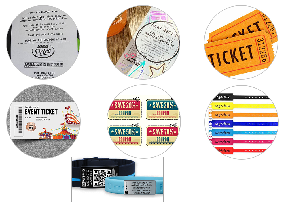 Купони и ваучери | Касови бележки с добавени ваучери и реклама | Билети | Идентификационни ленти за китка