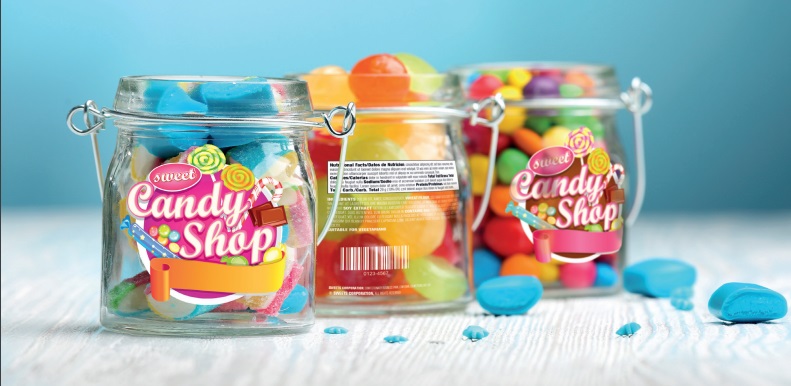 Прозрачен етикет с бели и цветни елементи, предназначен за стъклена опаковка на бонбони