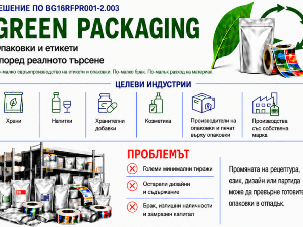 Green Packaging Решението за МСП по BG16RFPR001-2.003 : по-малко отпадък и замразен капитал чрез печат на етикети и опаковки според реалното&nbsp;търсене